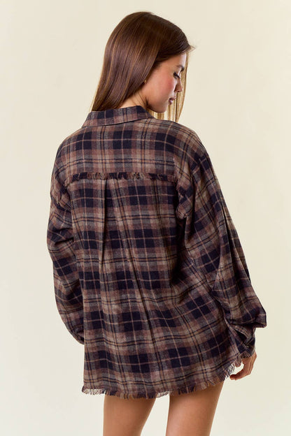 No.7 Frayed Hem Flannel - Black/Brown Combo