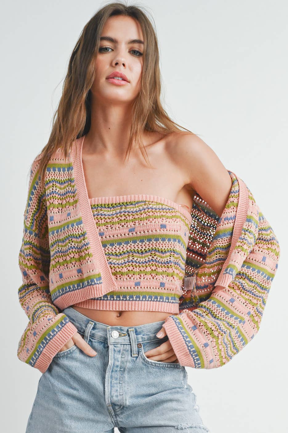 Striped & Geo Pattern Crop Cardigan