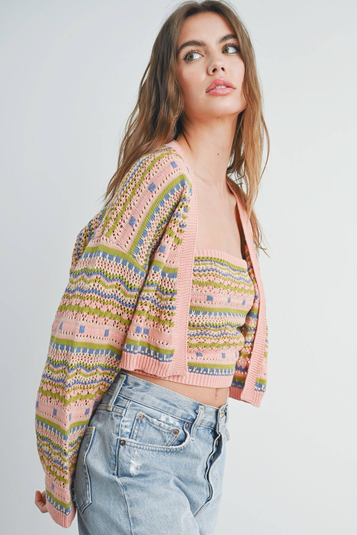 Striped & Geo Pattern Crop Cardigan