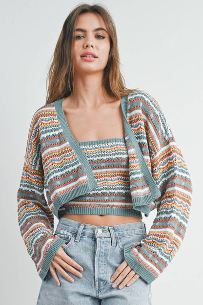 Striped & Geo Pattern Crop Cardigan