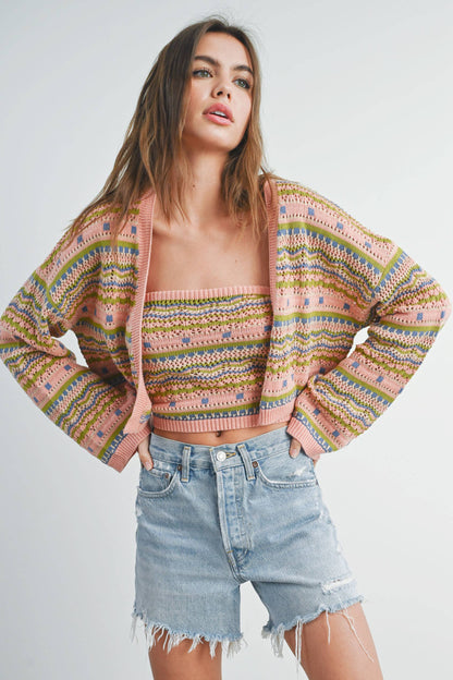 Striped & Geo Pattern Crop Cardigan