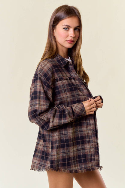 No.7 Frayed Hem Flannel - Black/Brown Combo