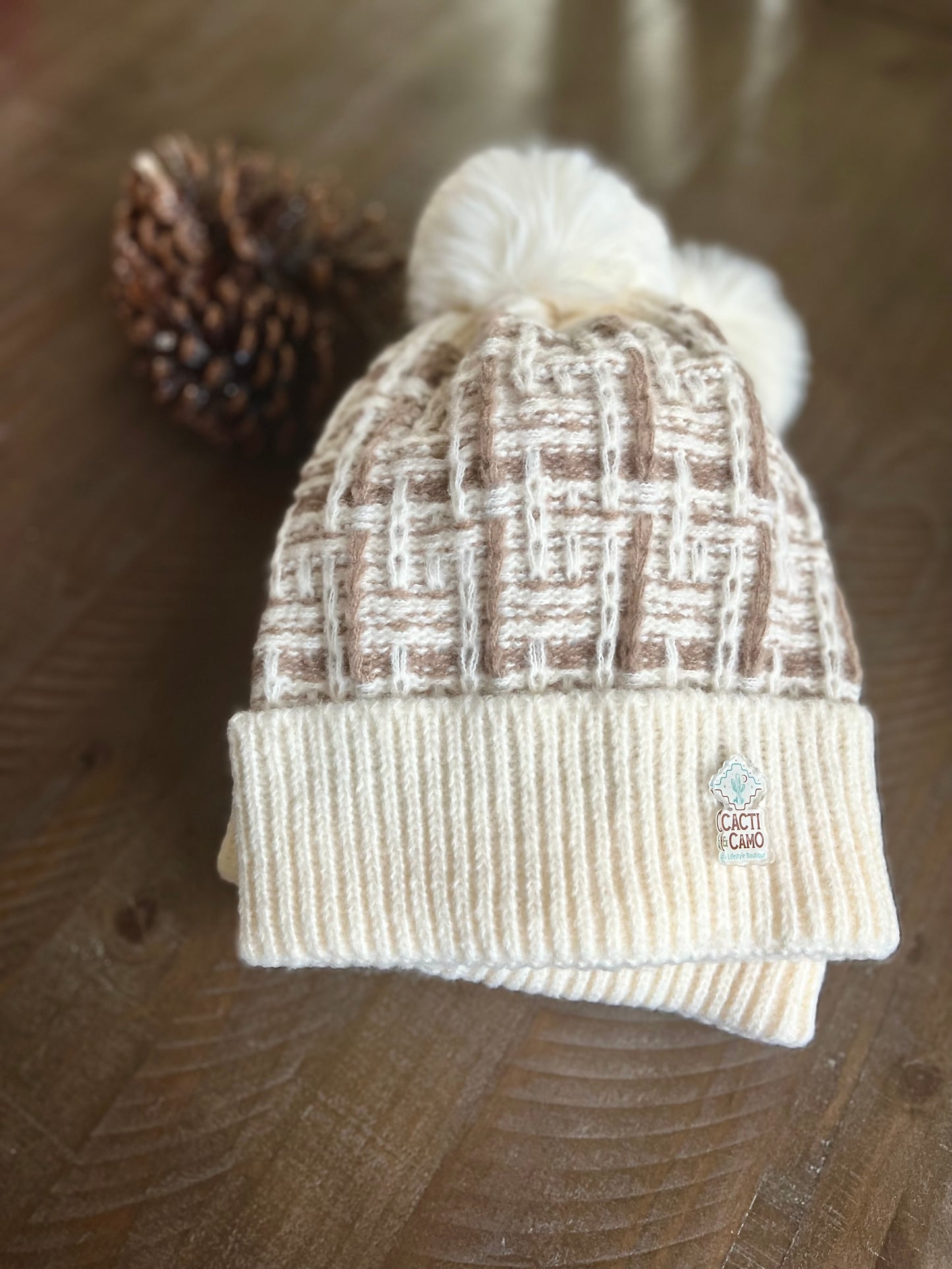 Basket Weave Pom Beanie - CACTI & CAMO