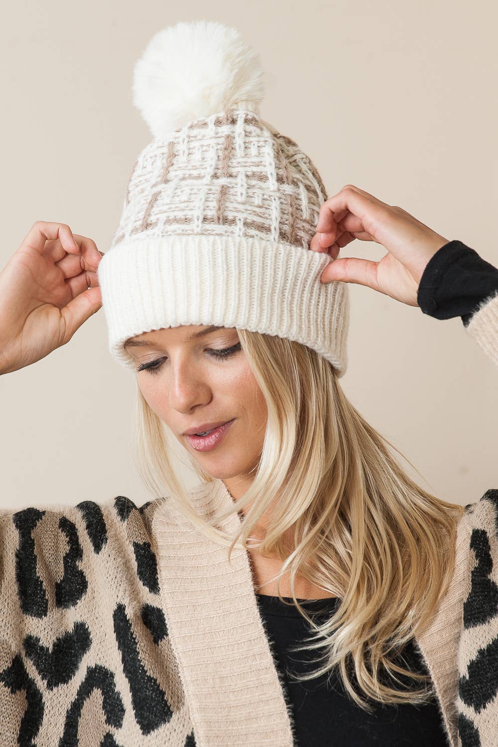 Basket Weave Pom Beanie - CACTI & CAMO