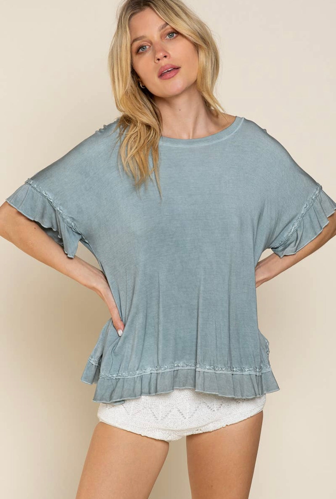 Peek-a-boo Ruffle Overlay Top - CACTI & CAMO